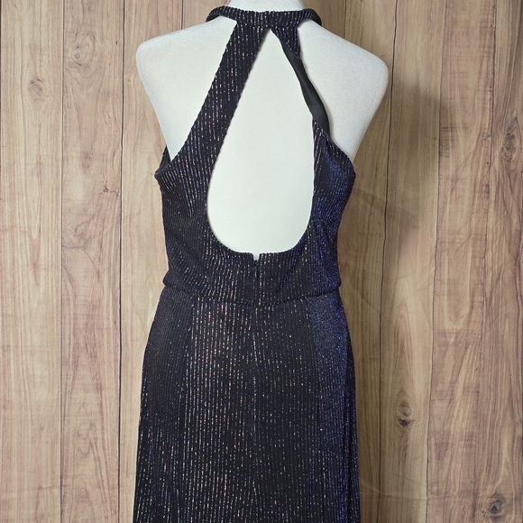 Nightway Black/BlueDress With Metallic Stripes Embellished Halter Maxi Gown 10 - Picture 10 of 12